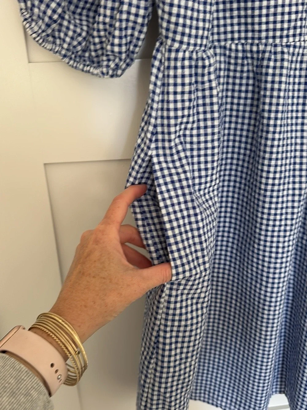 Old Navy Blue Gingham Puff Sleeve Mini Dress Pockets Size S